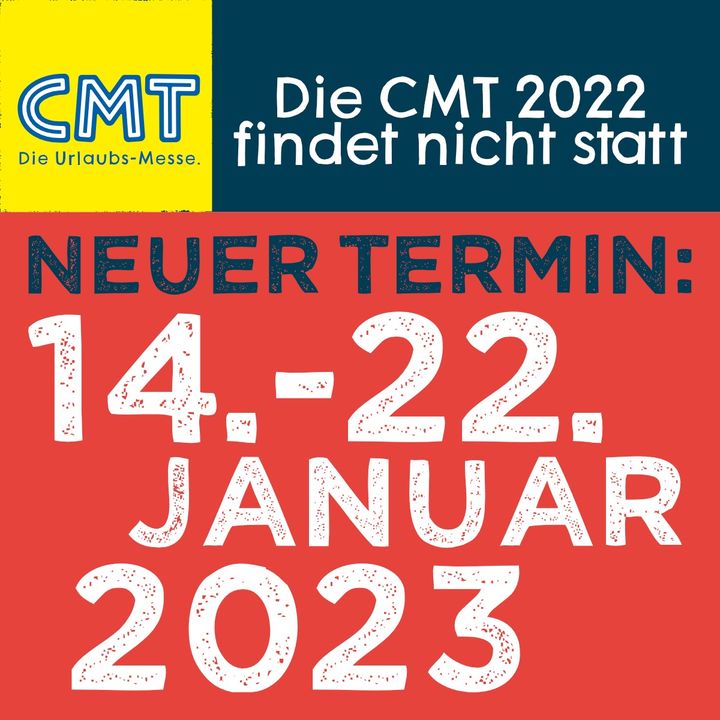 Die CMT 2022 findet nicht statt. 

Trotz eines erprobten Hygienekonzepts, ausgebuchten Messehallen und der monatelangen Vorbereitung ist die Durchführung von Messen in Baden-Württemberg aufgrund des aktuellen Infektionsgeschehens bis mindestens 17. Jan...