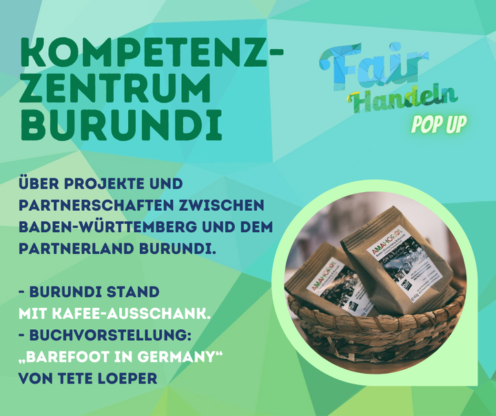 Auch mit dabei auf dem #FairHandeln Pop-up ist das Kompetenzzentrum Burundi. Vom 19.11 bis 21.11 könnt ihr am Stand mehr über deren Projekte erfahren, bei einer Kaffee-Verkostung mit burundische Kaffee teilnehmen und verschiedenen spannenden Produkten...