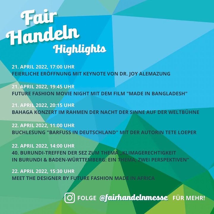 Check out unsere #FairHandeln2022 Rahmenprogramm #Highlights ✨

➡️ Zahlreiche @futurefashion.de Events rund um die @fashrev_de Week und Future Fashion Made in Africa @fashionafricanow 🧥👚👖

➡️ Die lange Nacht der Sinne mit tollen Vorträge und Workshops...