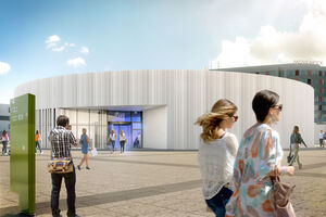 © plan b Agentur für visuelle Kommunikation GmbH Visualisierung des neuen Fernbahnhofs Flughafen/Messe (Außenansicht)