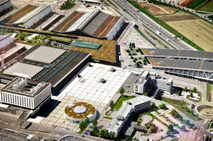© plan b Agentur für visuelle Kommunikation GmbH Visualisierung des neuen Fernbahnhofs Flughafen/Messe (Vogelperspektive)