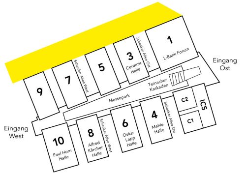 Gelaendeplan Messe Stuttgart: Die VIP-Lounge befindet sich beim Eingang Ost im Obergeschoss auf der linken Seite.