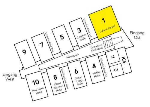 Gelaendeplan Messe Stuttgart: Das L-Bank Forum (Halle 1) ist die erste Halle rechts des Eingang Ost gelegen..