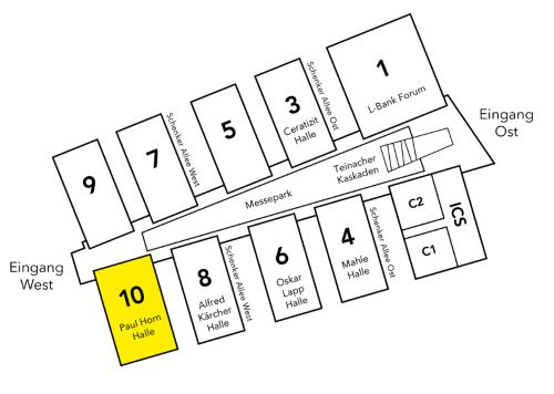 Gelaendeplan Messe Stuttgart: Halle 10 liegt im Erdgeschoss rechts vom Eingang West aus.