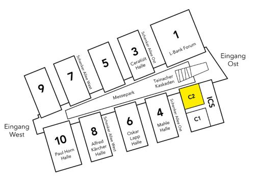 Gelaendeplan Messe Stuttgart: Der ICS Kongresssaal C2 befindet sich links vom Eingang Ost im Erdgeschoss des ICS Internationales Congresscenter Stuttgart. Er ist vom Eingang Ost aus der rechte der beiden Säle.