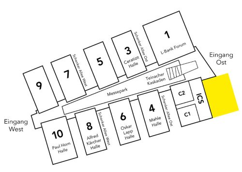 Gelaendeplan Messe Stuttgart, gelb markiert der Messepiazza
