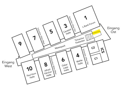 Gelaendeplan Messe Stuttgart: Das Pressezentrum befindet sich beim Eingang Ost im Obergeschoss auf der rechten Seite.