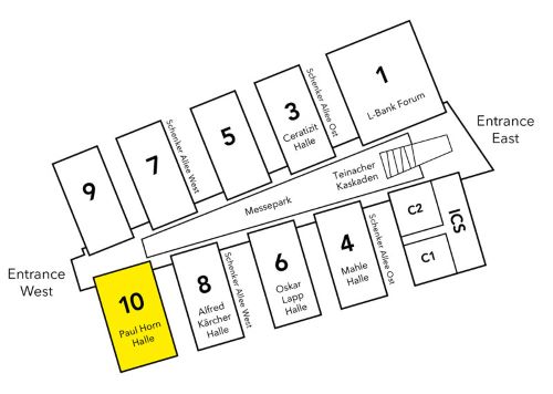 Site plan Messe Stuttgart: Hall 10 is located on the ground floor to the right of the Entrance West.