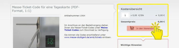 In das leere Feld die benötigte Anzahl an Tickets eintragen und anschließend auf den Button In den Warenkorb klicken.
