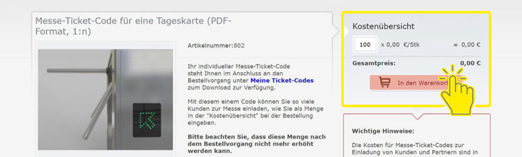 In das neue leere Feld die benötigte Anzahl an Tickets eintragen und auf den Button In den Warenkorb klicken.