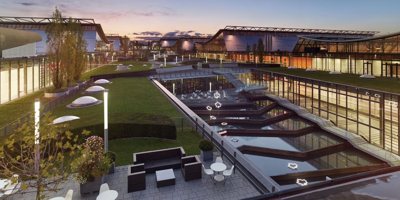 Trade fair grounds of Messe Stuttgart at dusk.