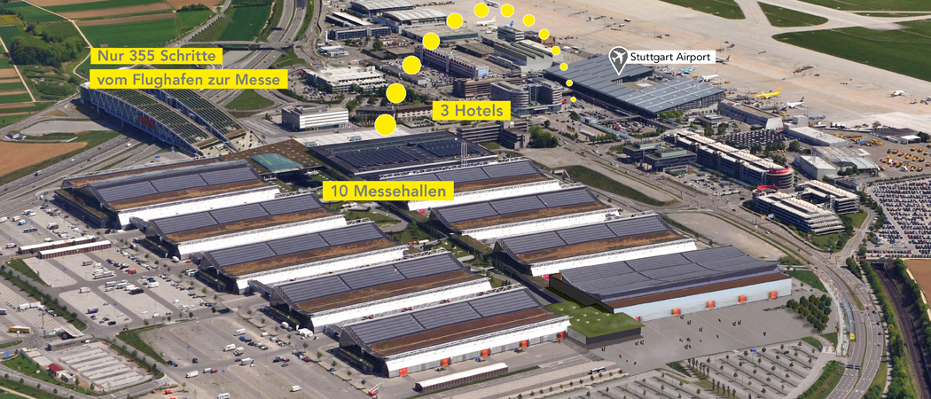 Gelände Gelände der Messe Stuttgart mit der Aufschrift "Nur 355 Schritte vom Flughafen zur Messe. 10 Messehallen. 3 Hotels."