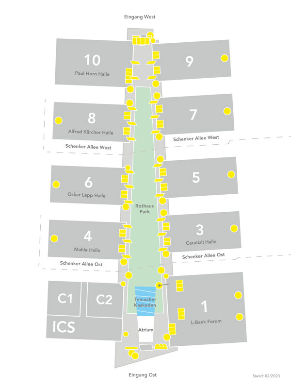 Plan des Messegelände mit Positionen aller Monitore