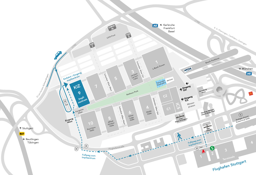 Anfahrtsskizze und Plan des Messegeländes mit eingezeichneter Wegeführung zum Impfzentrum